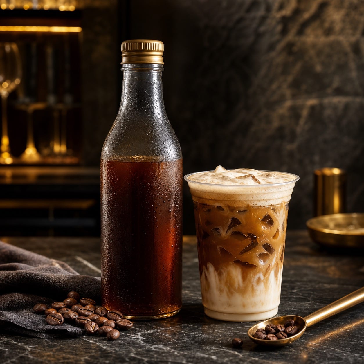 Cold brew et latte glacé Maison Dorada sur un comptoir de marbre
