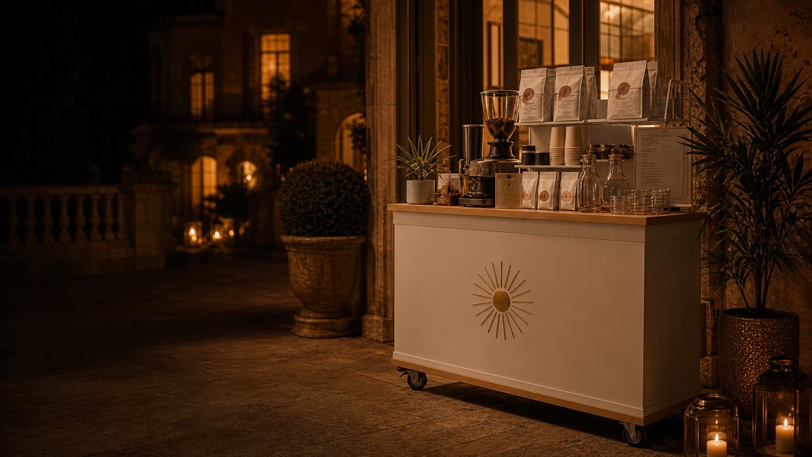 Bar à café Maison Dorada en façade claire et bois sous une lumière dorée nocturne.
